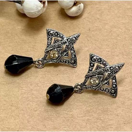 Vintage Art Deco Style Silver Earrings with Rhinestones & Black Bead Drop