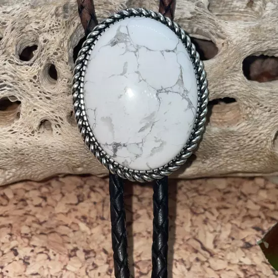 White Buffalo Turquosie Silver Western Leather Bolo Tie Lariat Necklace Wedding