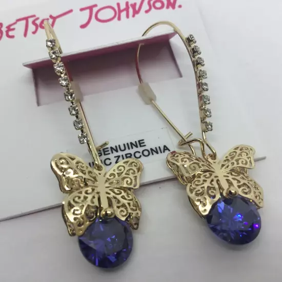 Betsey Johnson Filigree Butterfly Earrings Gold Tone Blue Cubic Zirconia NEW