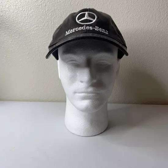 Mercedes Benz Black Leather Hat Cap Adjustable Size OS Vintage