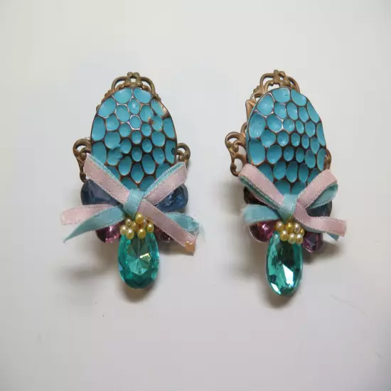 BLUE EARRINGS Turquoise Bright Color LARGE BOHO PIERCED Ribbon NO Backs