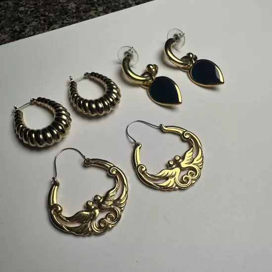 Retro Mix Hoop / Dangle Pierced Earrings Lot Of 3 Gold Tone 1 Black Enamel