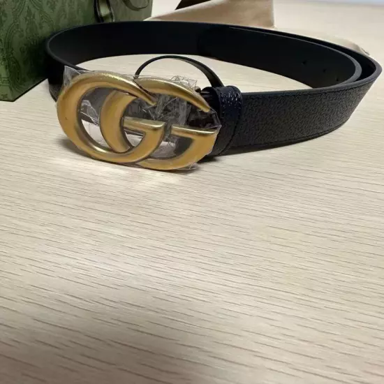 GUCCI GG Moment Gold Shiny Buckle Black Leather Belt