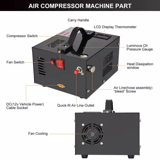 PCP Air Compressor w/Built-in Fan Manual-Stop Oil-free 4500PSI/30MPa Air Pump US