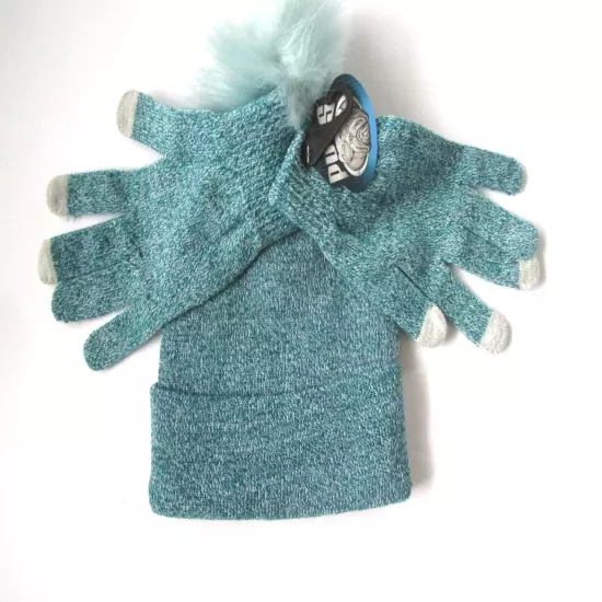 Pugs Knit Hat Glove Set Cuffed Beanie Pom TEAL One Size NWT