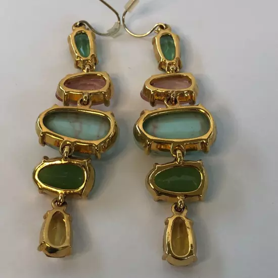 Faux Turquoise and Gem Stone Drop Dangle Gold Tone Earrings Pink Green Amber