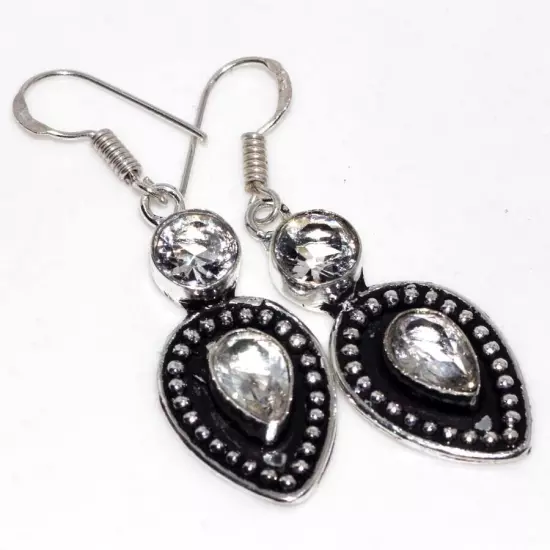 925 Silver Plated-Crystal Topaz Ethnic Long Earrings Jewelry 2" MJ