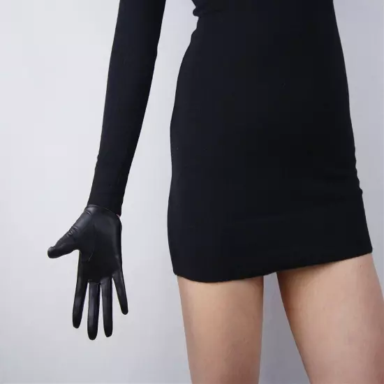 TECH GLOVES Real Leather 13cm Extra Short Lambskin Sheepskin Cut Out Crop BLACK