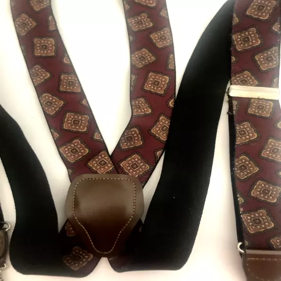 Vtg CAS GERMANY Men Burgundy Red Geometric PRINT Elastic SUSPENDERS Leather a