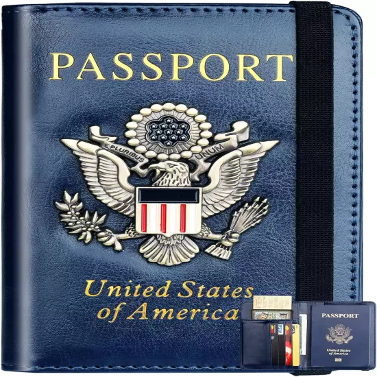 Passport Holder Wallet Cover for Men Women Family, Metal US Badge Passport Case 