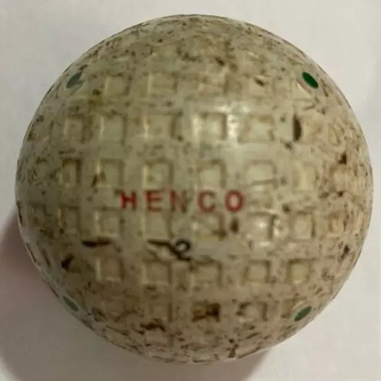 VINTAGE OLD SQUARE MESH GOLF BALL-THE HENCO WITH MULTI-MARKING MADE BY HENLEY