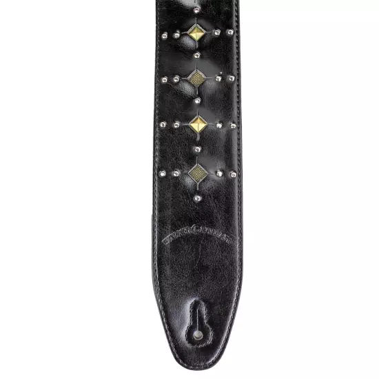 Walker & Williams GE-221 Black Leather Guitar Strap Inset Studs & Silver Rivets