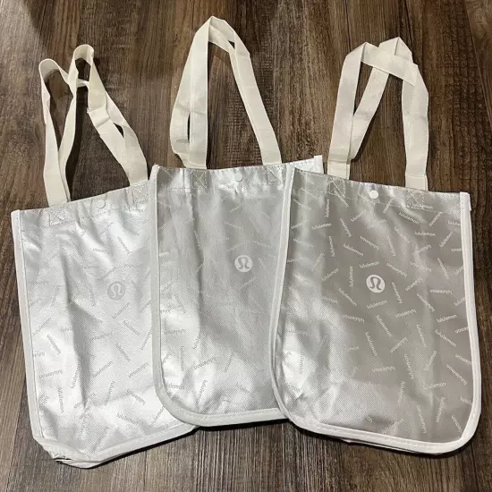 New 3 Pack Lululemon Small Tote Reusable Shopping Bag 9x12” Silver Beige Handles