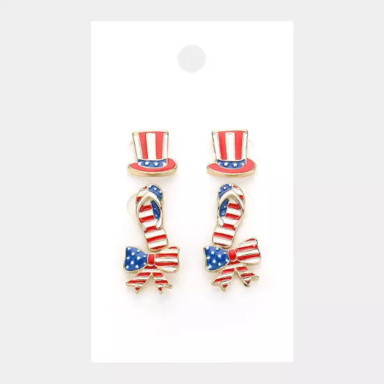 Gold 3PAIRS - American USA Flag Theme Enamel Hat Flipflops Bow Stud Earrings Set