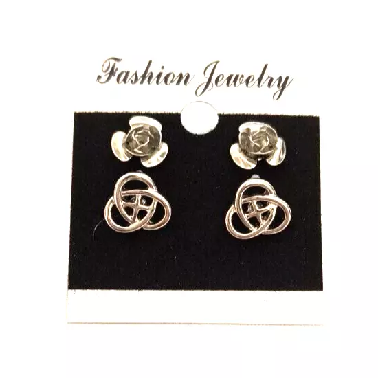 New Fashion Jewelry Women's 2 Pair Stud Earrings Silvertone Roses & Celtic Knots