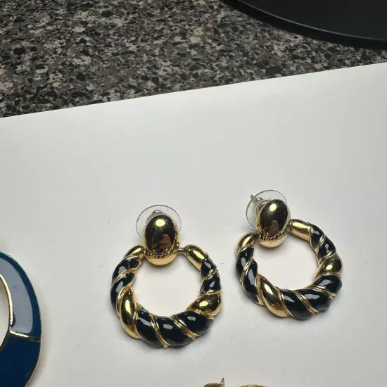 Retro Mix Pierced Earrings Lot Of 3 Gold Tone Women’s 2 Blue Enamel