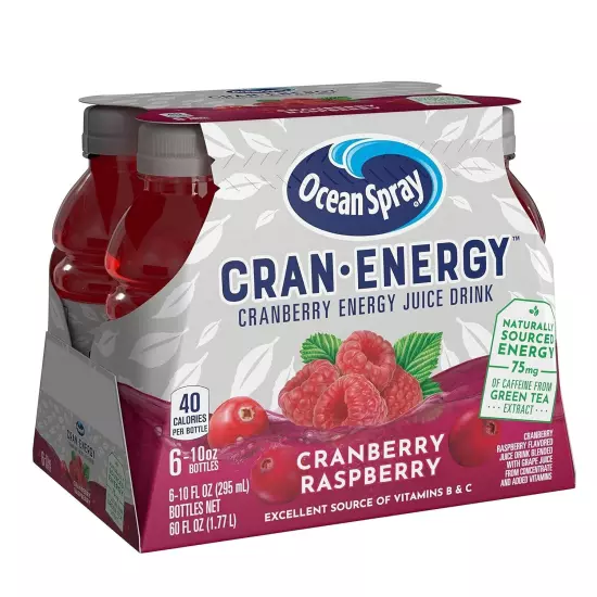 (6 Pack) Ocean Spray Cranberry Raspberry Energy Juice Drink with Vitamins, 10 Oz