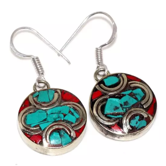 12gms Tibetan Turquoise Red Coral Nepali Tribal Earrings 1.5" Women Gifts JW