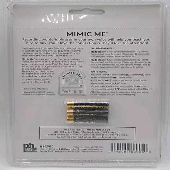 MIMIC ME Voice Recording Unit for Parrots Birds 62900 Teach Your Bird To Talk