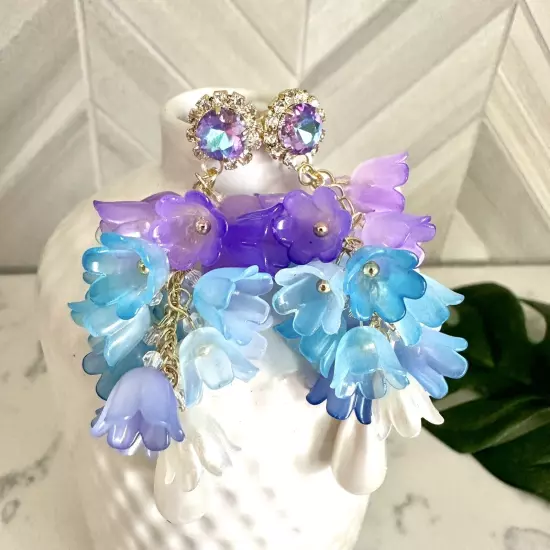 Purple & Blue Lily Flower Drop Earrings Fairycore Acrylic Rhinestone Boho NEW