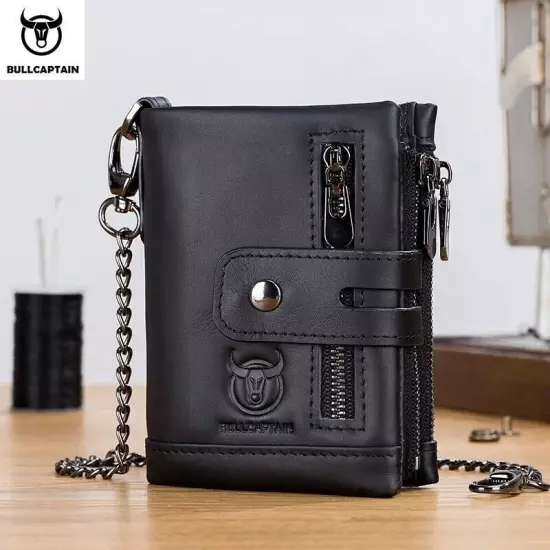 BULLCAPTAIN Men RFID Blocking Genuine Leather Card Holder Zipper Wallet Chain