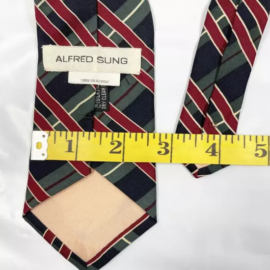 Alfred Sung Red Green Navy Blue Regimental Striped Repp Silk Tie 2.8" x 55"