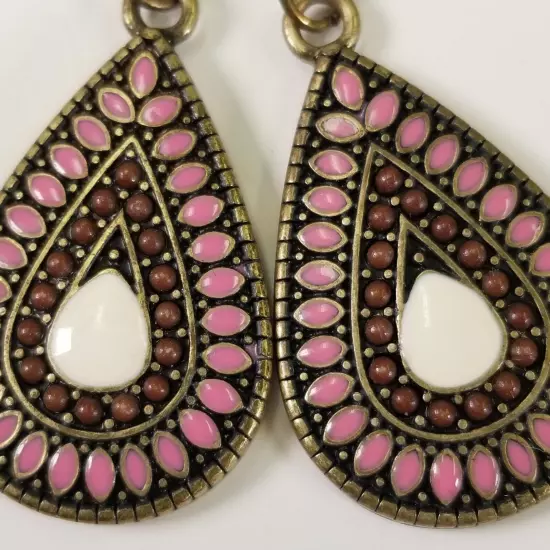 Enamel Dangle Drop Earrings Brass Tone Circle Teardrop French Wire Pink White