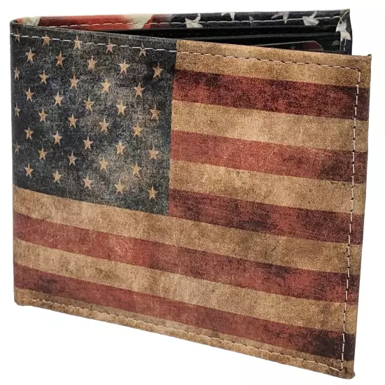 Eagle & American Flag Men's Wallet Bi-Fold Faux Leather 6 Credit Card Slots