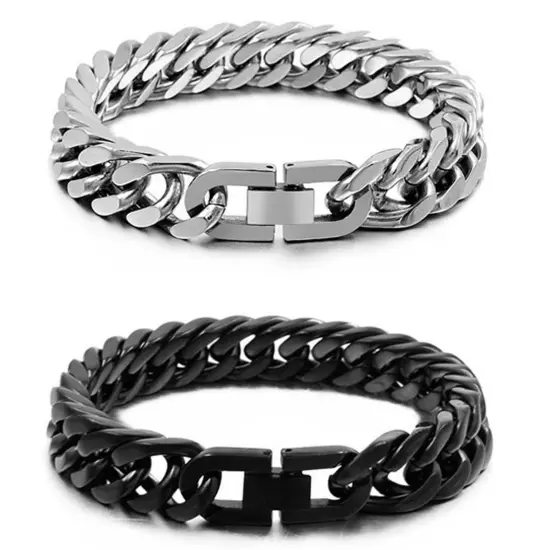 Heavy Black/Silver 316L Stainless Steel Curb Cuban Chain Bracelet for Cool Mens