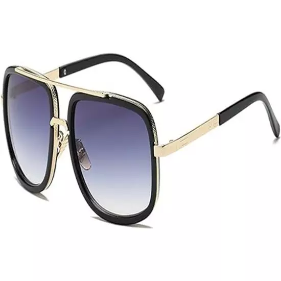 Sunglasses Men Punk Premium Cool Square Double Bridge Black & Gold Shades