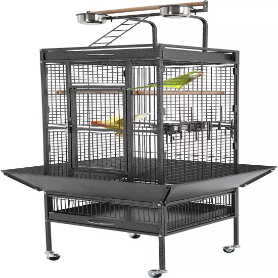 61-Inch Wrought Iron Large Bird Cage with Play Top and Rolling Stand Parrot Cage