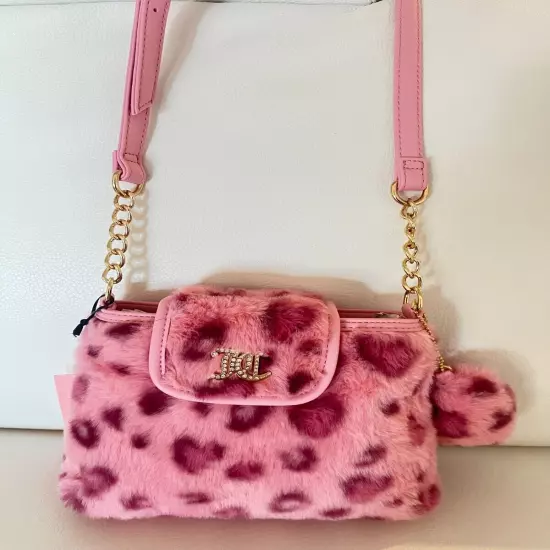 NWT JUICY COUTURE LIVE LAUGH CROSSBODY BAG PINK LEOPARD FAUX FUR