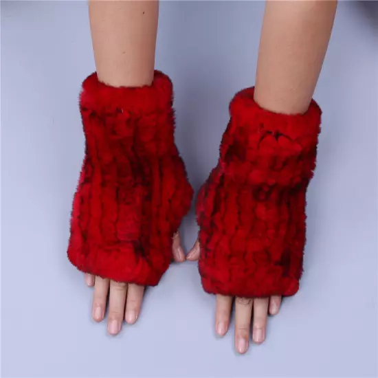 Real Rex Rabbit Fur Women's Gloves Mittens Girl Fingerless Wrist Warmer Elastic