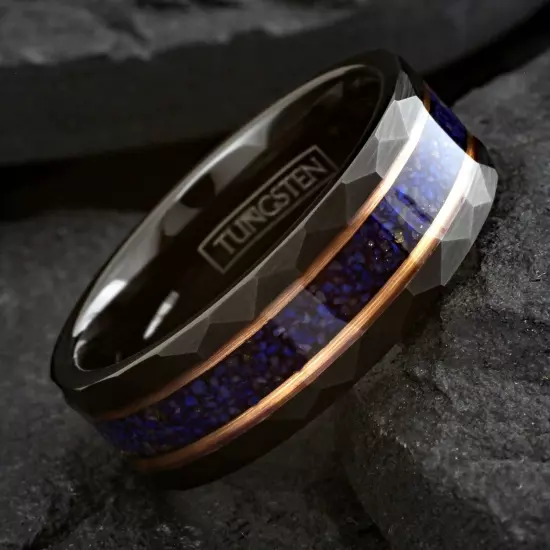 Tungsten Carbide Blue Lapis Lazuli Rose Gold Stripe Plated Wedding Band Ring