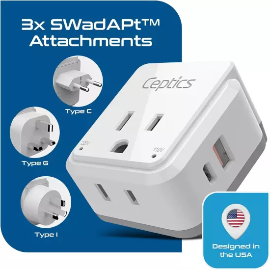 Ceptics China, Malaysia Travel Adapter,Includes Type G, I, C SWadAPt Attachments