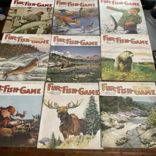 9 Vintage Outstanding Condition Fur Fish Game Magazines Trout Artwork Amazing