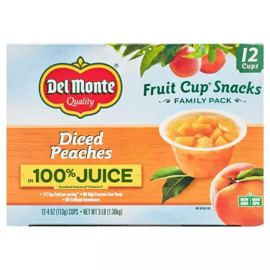 DEL MONTE Diced Peaches FRUIT CUP Snacks in 100% Fruit Juice, 12 Pack, 4 oz