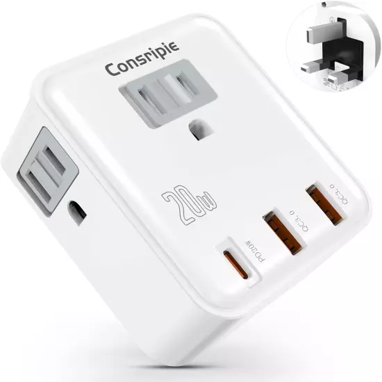 UK Travel Plug Adapter, US to UK Travel Adapter with USB-C, 20W Fast Charging T