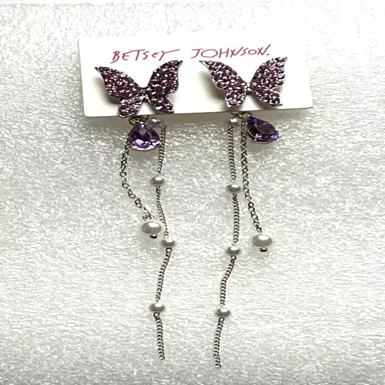 BETSEY JOHNSON SILVER TONE PURPLE CRYSTAL PEARL BUTTERFLY DANGLE STUD EARRINGS