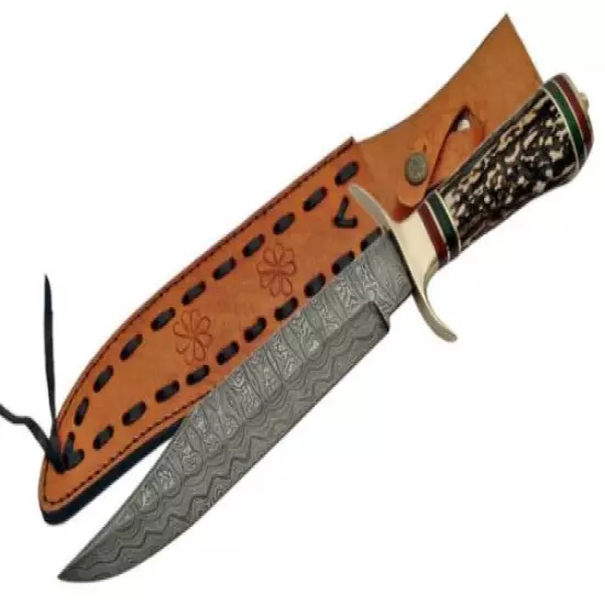 NEW 13 7/8" Damascus Steel Blade, Stag Horn Handle Bowie Knife w/ Sheath