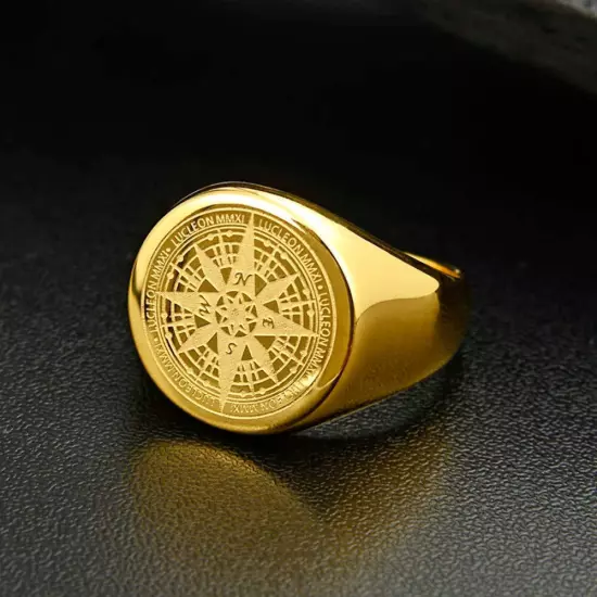 Valily Mens Compass Ring Gold Stainless Steel fashion Navigator Jewelry for Men