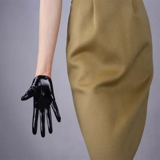 LATEX GLOVES Shine Leather Faux Patent Vegan PU 8" 21cm Short Basic Shine Black