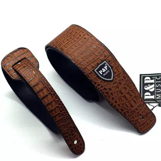 Embossed Leather Adjustable Guitar Strap for Electric Acoustic and Bass Guitar