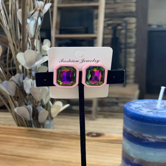 Color Changing Oil Spill Crystal Stone Earrings With Pink Frame (Brand New)