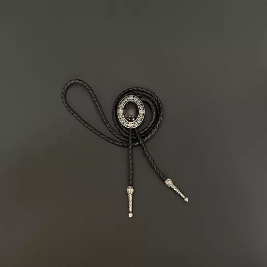 Natural Black Onyx Stone Bolo Tie Western Vintage Alloy PU Rope Wedding Necklace