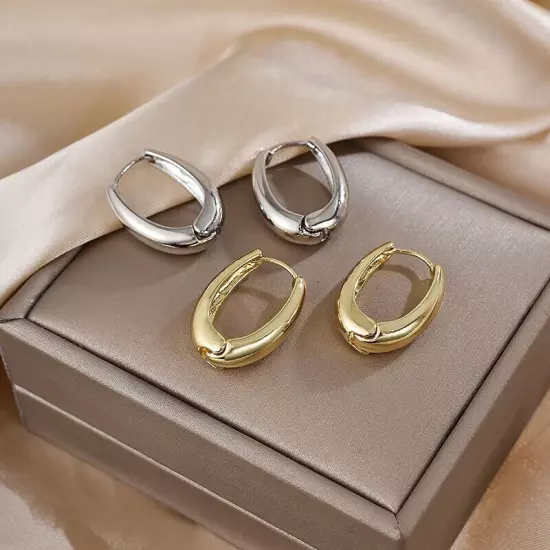 1Pair Geometric Ear Buckle Hoop Earrings Smooth Metal Round Circle Earrings