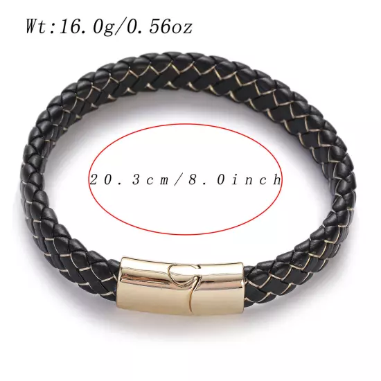 Genuine Leather Braided Bracelet Magnetic Buckle Band Men Stainless Steel Bangle