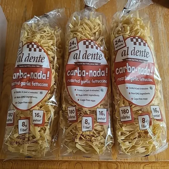 3 Bags Al Dente Pasta Carba-Nada Roasted Garlic Fettucine 10 oz Low Carb Noodles