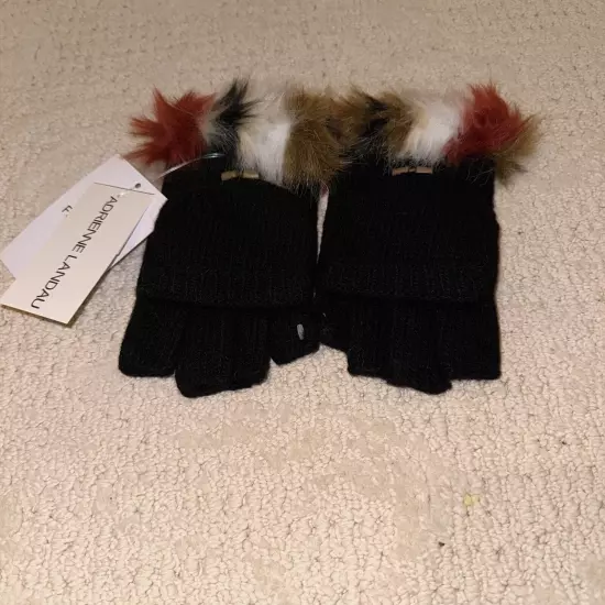 Adrienne Landau Wool Blend Black Convertible Gloves with Multicolour Faux Fur