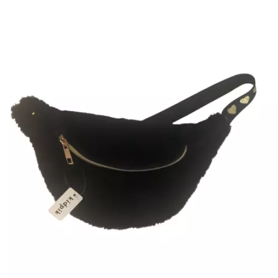 Kidpik Black Fuzzy Belt Bag Fanny Pack Gold Hardwear w/ Hearts Adjustable to 32"